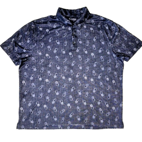 Haggar Mens Polo Shirt XL Grey Blue Pineapple Print Split Hem Short Sleeve - Picture 1 of 6